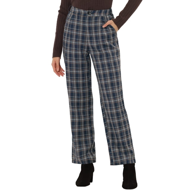Unique Bargains Women's Plaid Elastic Waist High-Rise Straight Leg Pants, Blue / Brown Grid, S
