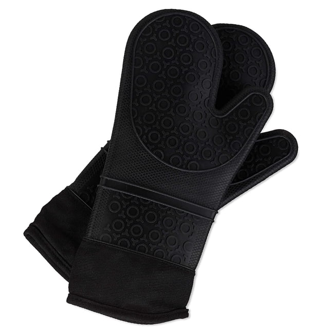 Oven Mitts - Silicone Oven Mitt Heat Resistant 500 Degrees - Food Safe Baking Gloves for Cooking in Kitchen with Soft Inner Lining in black. These mitts feature a durable silicone outer layer with a textured non-slip grip and a soft, heat-resistant cotton inner lining. Designed to protect hands from heat up to 500°F, they are waterproof and easy to clean. The mitts include a large hanging hole for convenient storage and drying.