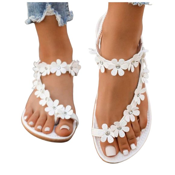 Women's Bohemian Flat Sandals Lightweight Open Toe Ankle Strap Flower Rhinestone Stretch Slip On Summer Beach Slides White Size 8.5