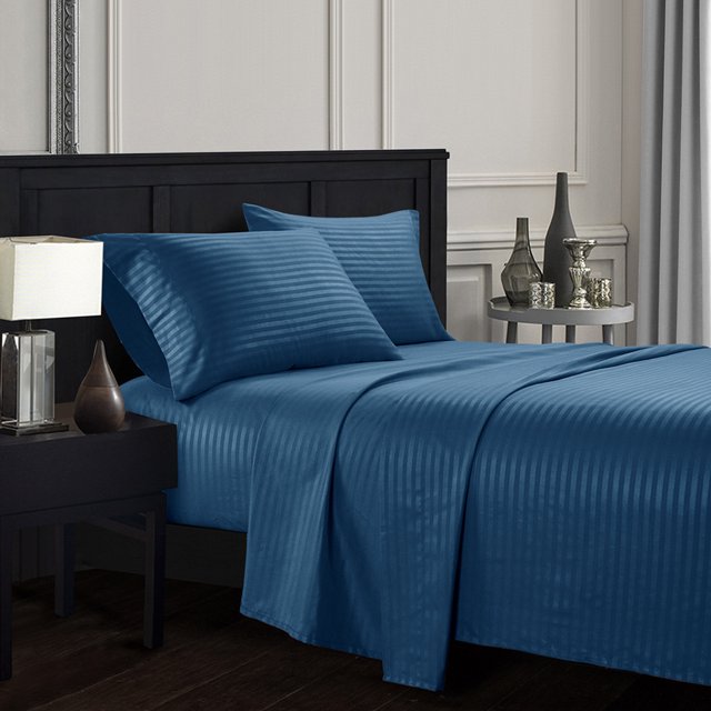 YYAO Twin Size Luxurious Striped Sheet Set for Home Hotel, 3 Piece, Navy Blue