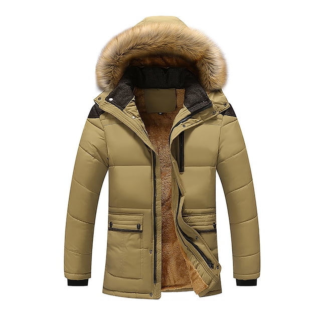 EGNMCR Jackets for Men Men's Winter Thickened Plus Size Padded Windproof Warm Cotton Padded Coat in a beige colour. The jacket features a fur-lined hood, long sleeves, and a front zipper closure with additional snap buttons. It has two front pockets with zipper detailing and a plush inner lining for added warmth. Suitable for winter and casual daily wear.