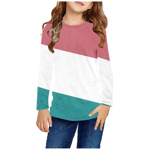 RXIRUCGD Chemises à Manches Longues pour Filles, Col Rond Mignon, Blouses Décontractées Élégantes, Rose, Taille : 13 Ans