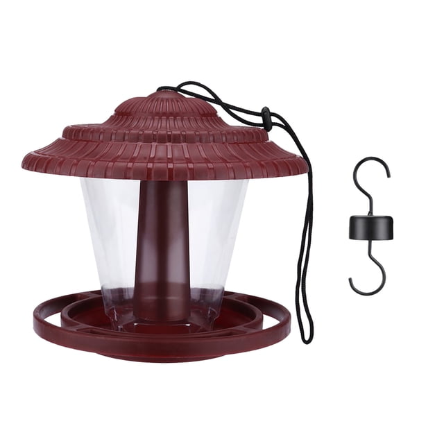 SDNall Outdoor Garden Hanging Plastic Feeder Bird Feeder with a red roof and base, clear panels for seed-level monitoring, and a black hanging hook. Holds up to 1 lb of seeds, including sunflower seeds or peanut halves. Features a lifting roof for easy filling and cleaning, and comes fully assembled for outdoor use.