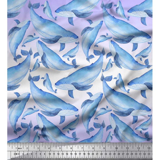 Soimoi Purple Poly Georgette Fabric Whale Ocean Print Fabric by the Yard 42 Inch Wide
