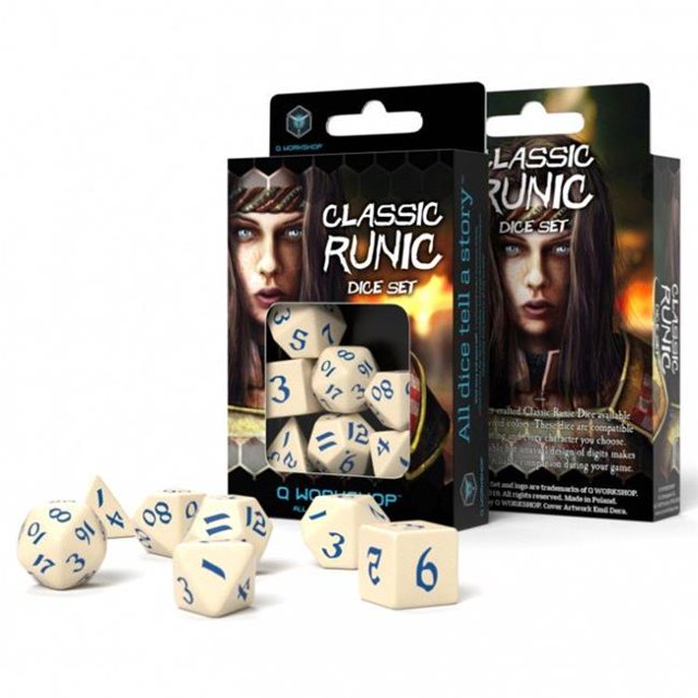 Q-workshop QWOSCLR1Z Classic Runic Dice, Beige & Blue - Set of 7