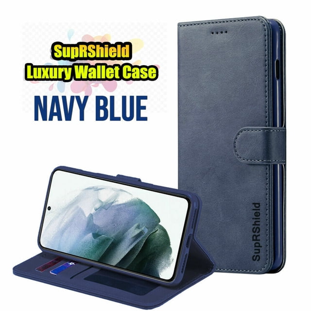 Samsung Galaxy S23 Ultra 5G Case Smart View Supershield Wallet Flip Cover in navy blue. The case is made of high-quality PU leather and hard PC, offering dual-layer protection against drops, scratches, and dust. It features a magnetic closure, three card slots, a cash pocket, and a built-in kickstand for hands-free viewing. Compatible with wireless charging and the S Pen, this slim-profile case combines functionality and style.
