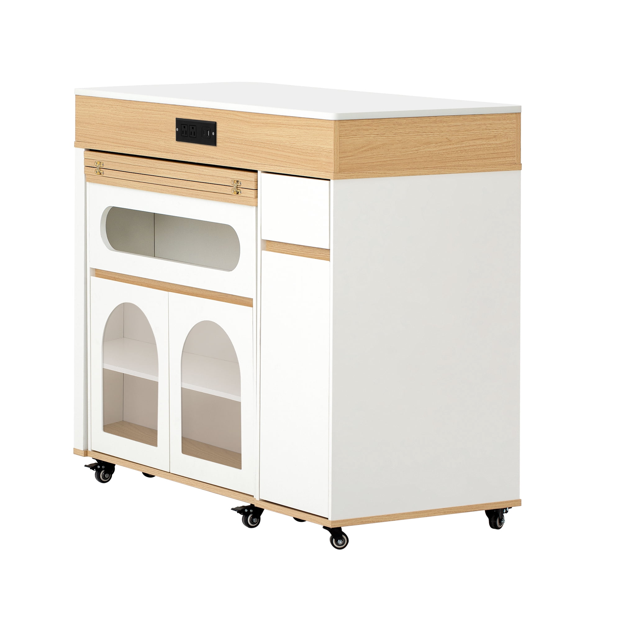 Table de salle à manger extensible Noble House TREXM avec plateau rabattable extra-long, îlot de cuisine roulant avec tiroirs (Noyer + Blanc crème)