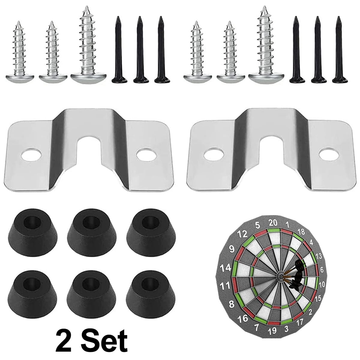Easy Wall Hang Kit with screws and stabilizers for secure dartboard display. Dartboard Mounting Bracket