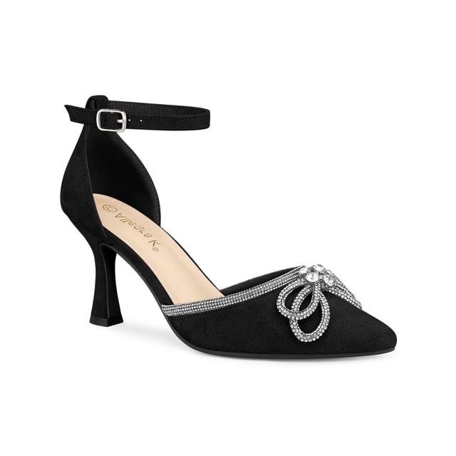 BLISSFUL STEP Women's Rhinestones Bow Ankle Strap Stiletto Heel Pumps Black (Size 9)
