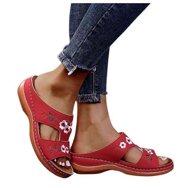 Orthopedic Slides Sandals for Women with Arch Support Comfortable Embroidered Flower Platform Wedge Sandals