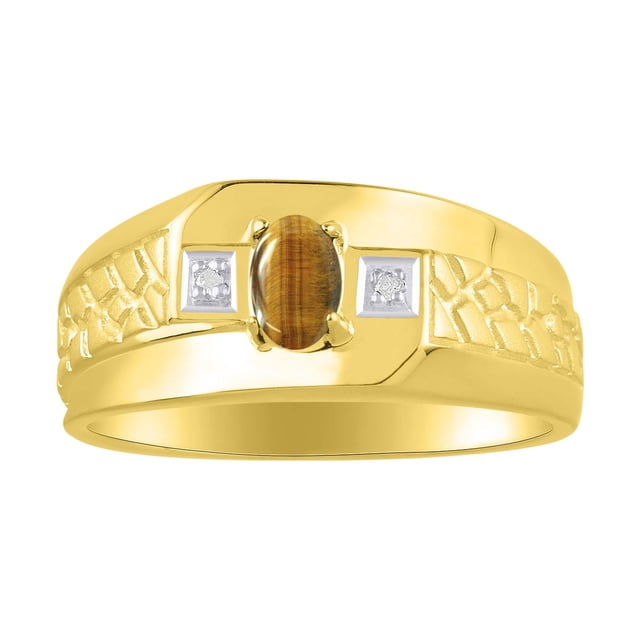 RYLOS Men's Rings 14K Yellow Gold Classic Nugget 6X4MM Oval Gemstone & Diamond Ring Tiger Eye November Birthstone Rings Size 10