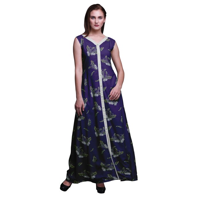Bimba Feuilles Femmes Imprimé Fente avant Sans Manches Maxi Été Longue Robe Décontractée-Xx-Grand