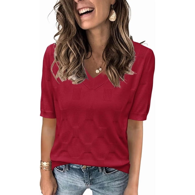 Arach&Cloz Women's V-Neck Short Sleeve Special Rib Knitted Pattern Casual Tops Sweater Spring Summer 2025