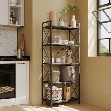 LEDREM 5-Tier Metal Storage Rack with X-Frame Sides, Heavy-Duty Wire Shelving Unit, Slim Organizer for Entryway Kitchen Bathroom Living Room, Industrial Style, Ink Black