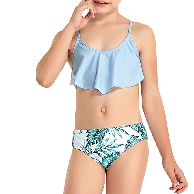MIASHUI Girl's Two Piece Swimsuit Graphic Print Ruffle Bikini Set Bathing Suit,Light Blue,13-14 Years