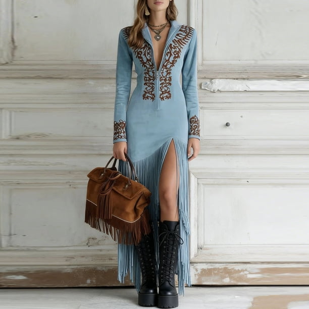 western boho maxi dress Long Sleeve Dresses Winter Long Sleeve For Women Fall Winter V-Neck Embroidered bohemian maxi dress with cowboy boots Modern Two Toned Black sticker:new-arrival:2024-01-18:2024-01-25 44 in / 113 Size:2XL (US 20-22)