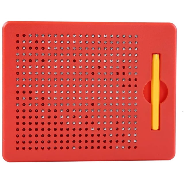 Sin (Red)Magic Slate Magnetic Drawing Board Magnet Pad Drawing Board with Pen for Kid Educational Toy. A red ABS magnetic drawing board featuring a grid of small metal beads and a yellow magnetic stylus stored in a side slot. Designed for creative play, learning numbers, letters, and drawing. Lightweight and portable, measuring 21.6 x 17.3 cm, ideal for travel and collaborative activities.