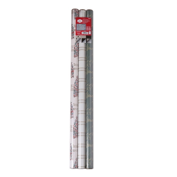 Papier cadeau de Noël doré Holiday Time, largeur 30 po, 3 rouleaux