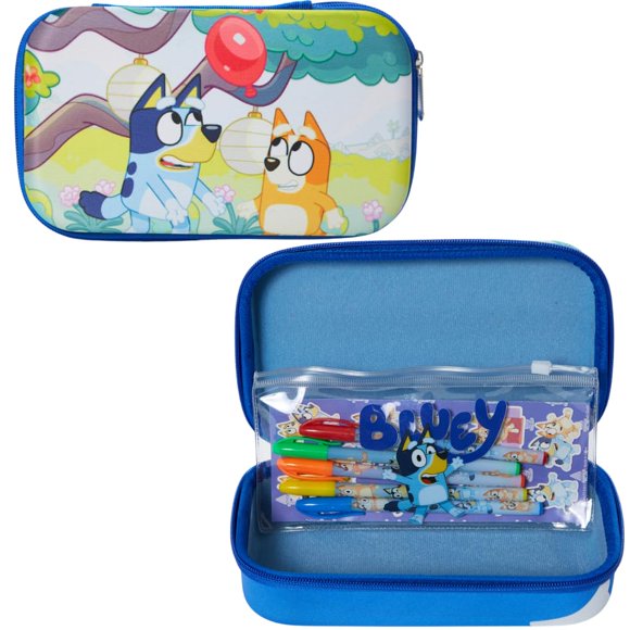 Innovative Designs Bluey Pencil Case Set with Stickers and Gel Pens for Kids Molded with Zip Closure