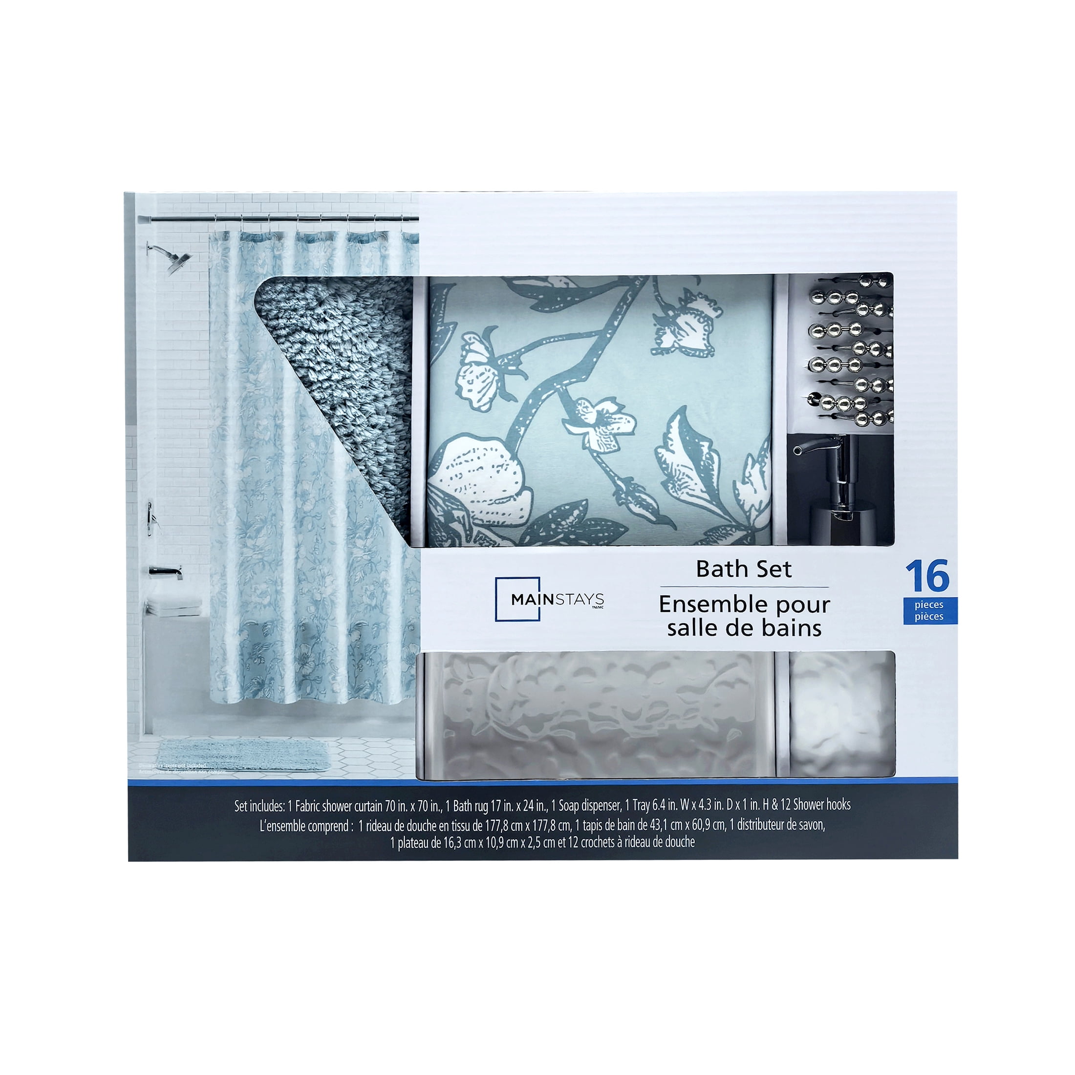 Ensemble de salle de bain Mainstays de 16 pièces à fleurs bleues – Rideau de douche en tissu avec tapis, crochets, distributeur de savon et plateau