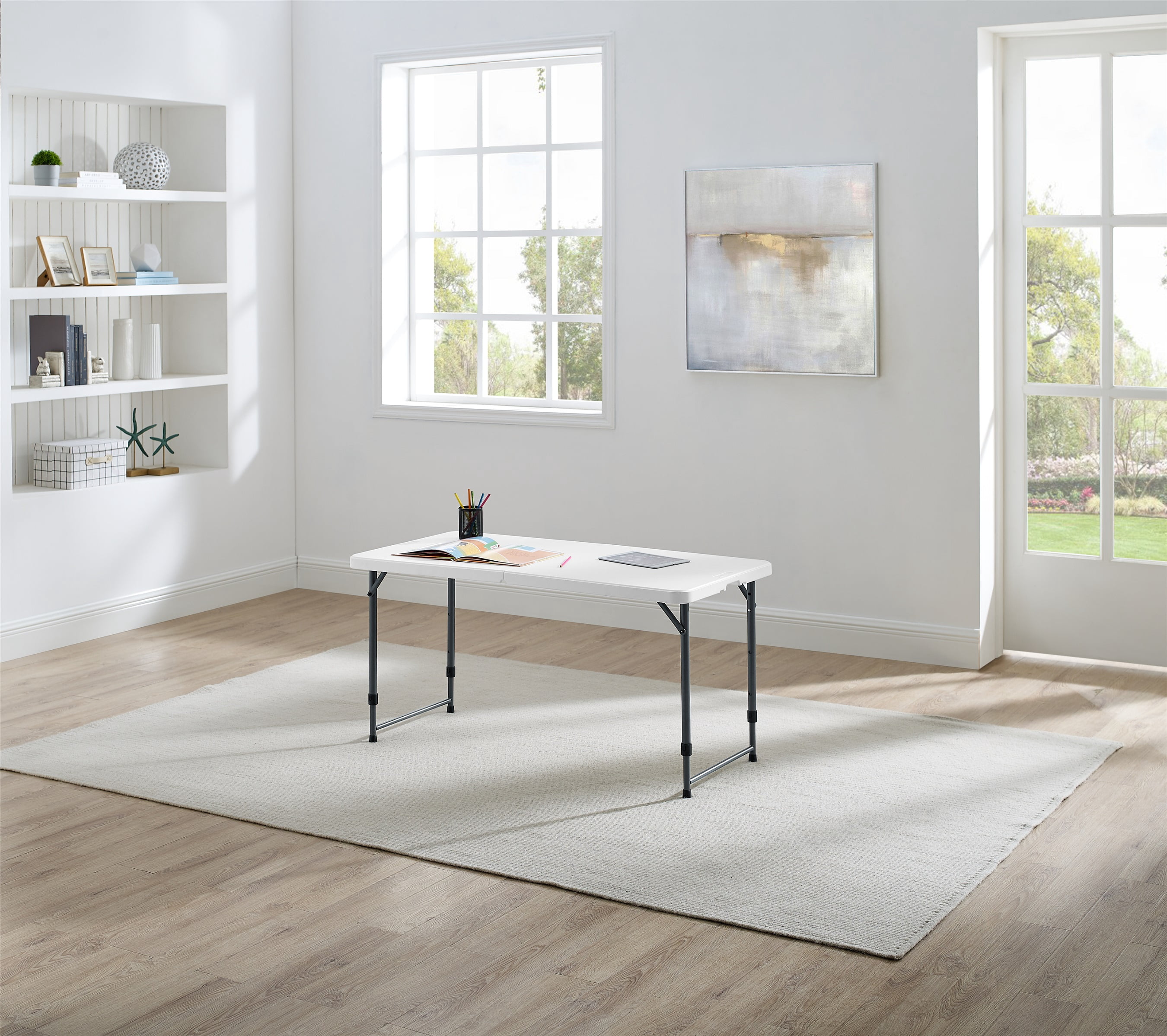 Mainstays White 4-Foot Adjustable Height Folding Plastic Table, Easy Fold, Indoor-Outdoor, Built-in Carry Handle