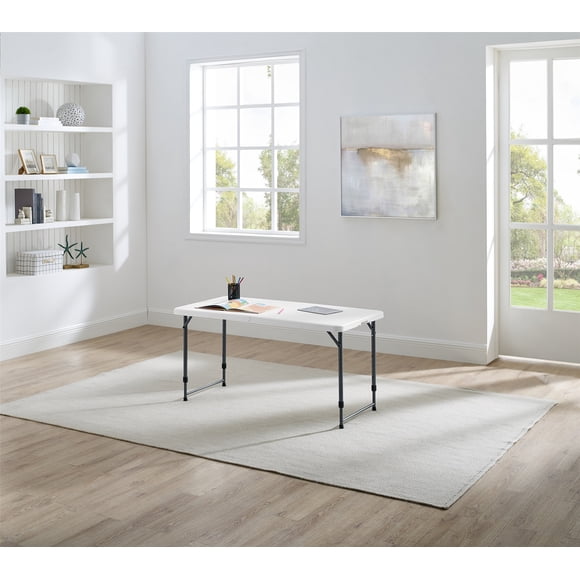 Mainstays White 4-Foot Adjustable Height Folding Plastic Table, Easy Fold, Indoor-Outdoor, Built-in Carry Handle