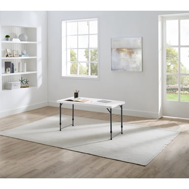 Mainstays White 4-Foot Adjustable Height Folding Plastic Table, Easy Fold, Indoor-Outdoor, Built-in Carry Handle