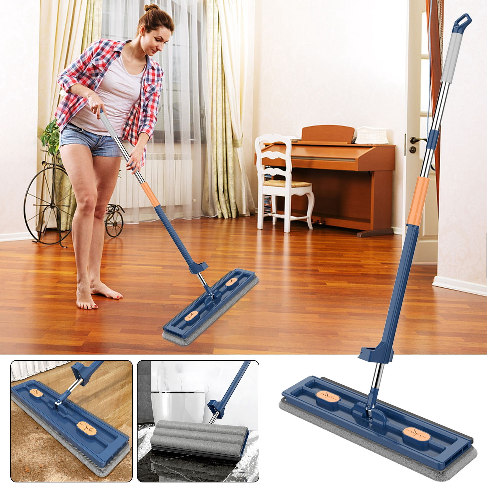 MTBLYS 42Cm Flat Mop No Hand Wash Mop Absorbent Horizontal Mop 1 Mop and 4 Pads Household Cleaning Tool