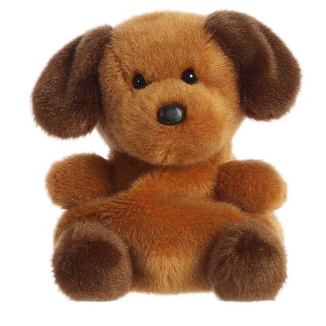Aurora - Palm Pals - 5" Ruff Ruff Puppy, a 5-inch stuffed animal made of soft polyester material, featuring a brown and tan puppy design with floppy ears, black button eyes, and a bean pellet filling for stability. Suitable for all ages.