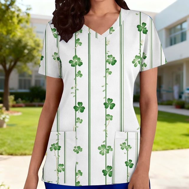 Mceream Nurse St Patricks Day Shirt for Womens Breathable Plus Size Nurse Working Uniform Shamrocks Print Scrub Tops V Neck Short Sleeve Fun Nursing Uniforms White XL