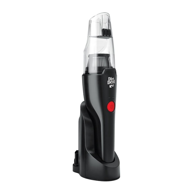 DIRT DEVIL Grab & Go 8V Cordless Hand Vacuum with a black ergonomic body, transparent dust container, and red power button, shown in its charging and accessory stand, designed for lightweight, cordless cleaning of narrow spaces and quick debris removal.
