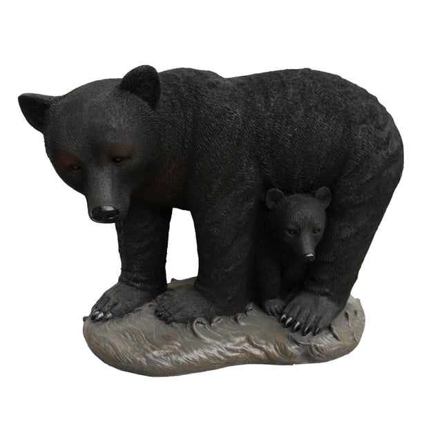 Angelo Décor Bear with Cub Statue featuring a 31-inch tall black bear and cub on a textured base, made from durable Comp-Cast® with hand-painted realistic detail and multi-tone finish, ideal for outdoor garden, patio, or indoor accent decoration.