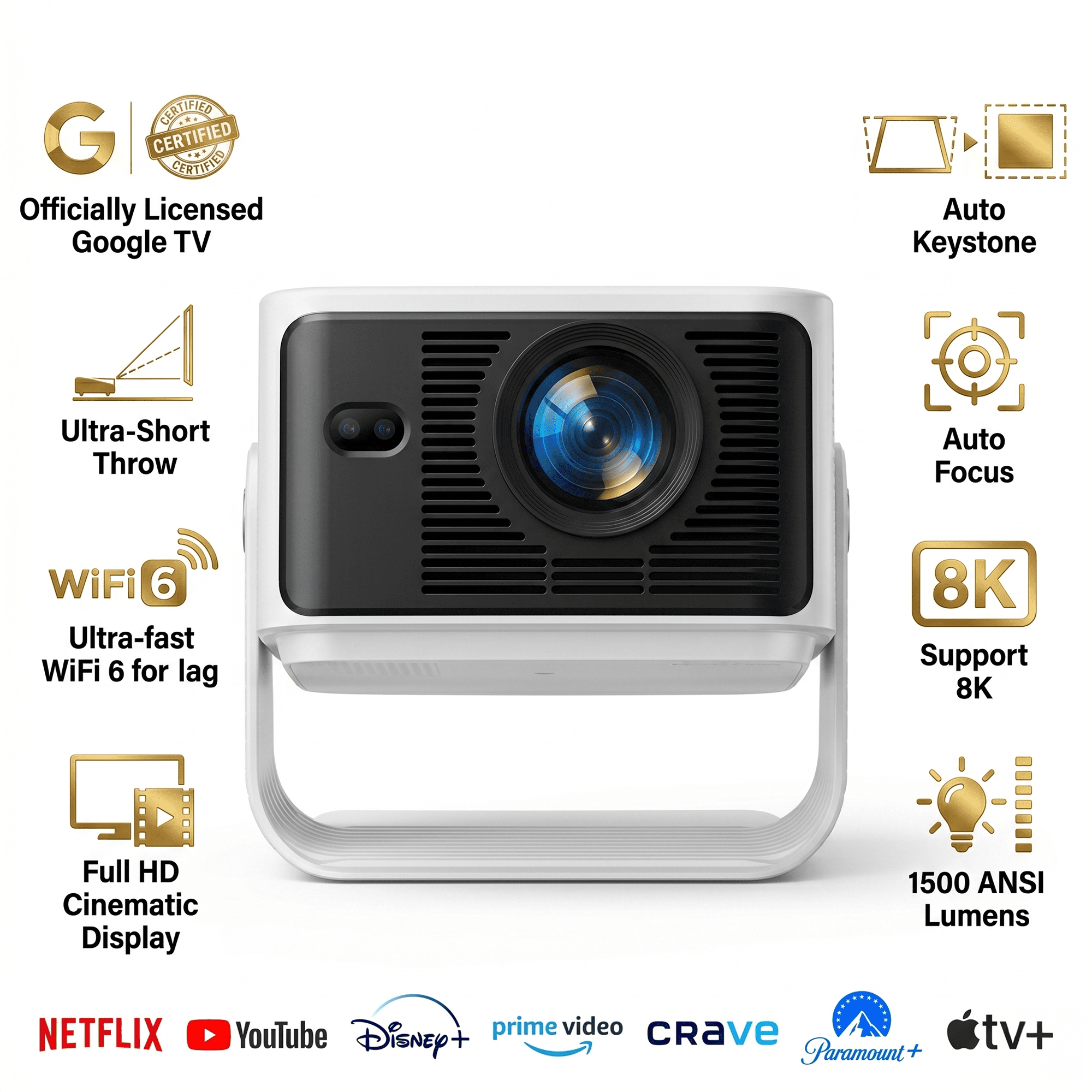 Brother Eye Mark III Elite Edition 4K Projector, Officially Licensed Google TV Smart Projector, WiFi Bluetooth Portable Movie Projector with Auto Focus, Wireless Proyector for Phone/PC/Gaming
