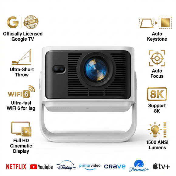 Brother Projecteur 4K Eye Mark III Elite Edition, Projecteur Intelligent Google TV sous Licence Officielle, Projecteur de Films Portable Wi‐Fi Bluetooth avec Mise au Point Automatique, Projecteurs Sans Fil pour Téléphone/PC/jeux