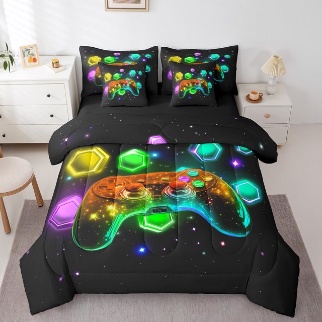 YST 7 Piece Golden Yellow Game Bed In A Bag,Boys Gamepad Game Controller Bedding Sets Twin Size,Geometry Hexagonal Video Game Comforter Set,Abstract Gradient Honeycomb Game Quilt Set