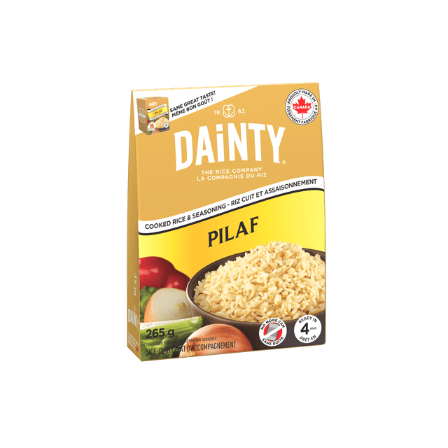 Dainty Riz Cuit et Assaisonnement - Pilaf dans une Boîte Jaune et Beige de 265 g Présentant un Bol de Riz Pilaf Cuit avec des grains Visibles, Entouré d'Images d'Oignon, de Poivron Rouge et de Céleri, Étiqueté Prêt en 4 minutes et Fièrement Fabriqué au Canada, Convient comme Accompagnement Ou base pour les Repas.