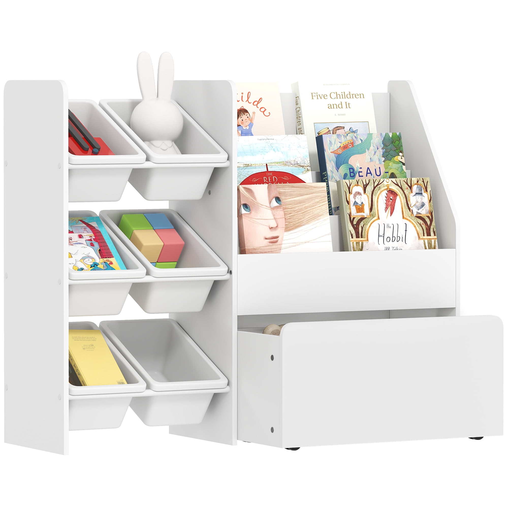 Qaba Kids Bookshelf and Toy Storage, 3-Tier Bookcase with 6 Bins, White
