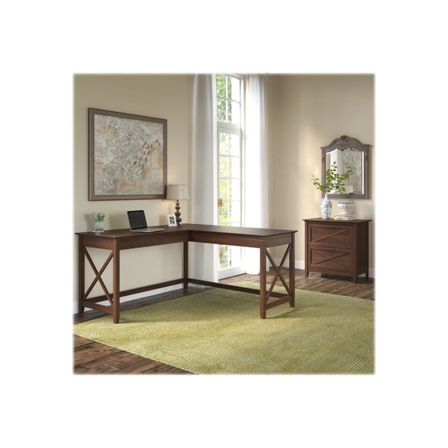 Bush Furniture Key West 60W L Shaped Desk with 2 Drawer Mobile File Cabinet and 5 Shelf Bookcase, Bing Cherry