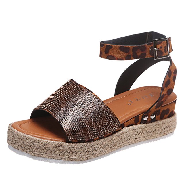 Womens Platform Wedge Sandals Espadrille Open Toe Ankle Strap Rhinestones Flatform Sandal