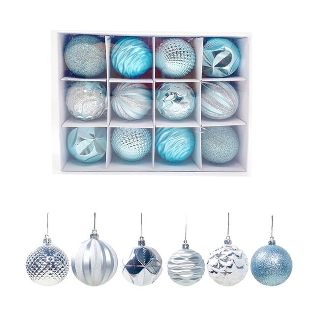 Riforla 12pcs Christmas Decoration Set with shatterproof blue ornaments featuring glitter and textured designs. Includes strings for easy hanging, ideal for Christmas trees, holiday decorations, weddings, parties, and home decor. The ornaments are neatly arranged in a white box with individual compartments.