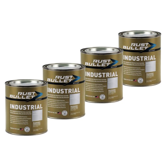 RUST BULLET Industrial Rust Protection and Inhibitor in a set of four 1-quart cans. This metallic grey rust converter and metal coating is designed for metal surfaces, offering UV resistance and a durable finish. The cans feature gold labels with bold white text and the Rust Bullet logo, emphasizing its industrial-grade rust prevention capabilities.
