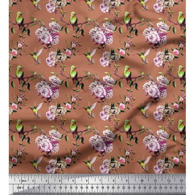 Soimoi Poly Georgette Fabric Hummingbird,Leaves & Rose Floral Print Fabric by the Yard 42 Inch Wide