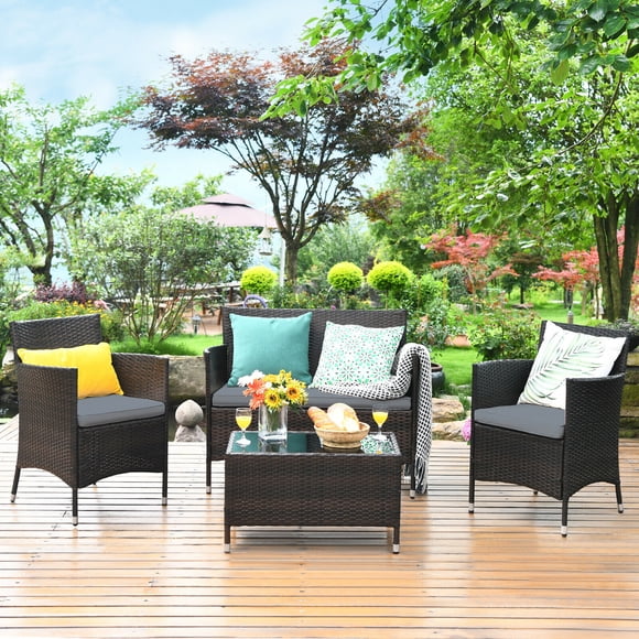Costway Ensemble de Mobilier de Patio en Rotin 4 Pcs Canapé et Fauteuils Coussinés Table Basse Jardin Gris
