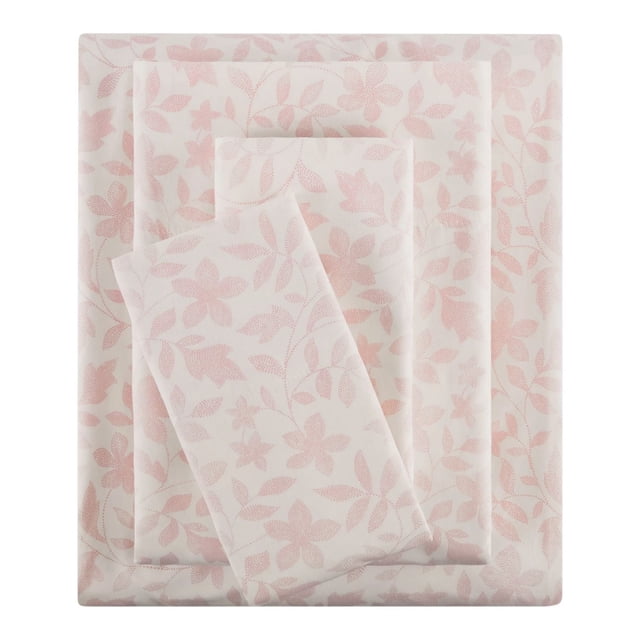 Mainstays 4-Piece 300 Thread Count Floral- CVC Cotton Blend Bed Sheet Set, King (Adult) featuring a pink floral pattern on white percale fabric, including fitted sheet, flat sheet, and two pillowcases made from a 58% cotton and 42% polyester blend that is moisture-wicking and wrinkle-resistant, suitable for kids' bedding and easy care.