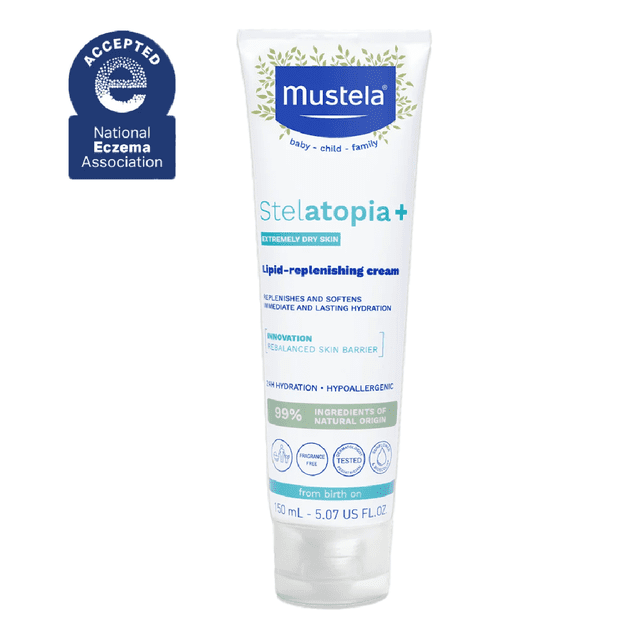 Mustela Stelatopia+ Crème Régénératrice de Lipides en tube de 150 ml, Conçue pour les Peaux Extrêmement Sèches et Sujettes à L'Eczéma. la Crème Est Sans Parfum, Hypoallergénique et Faite avec 99 % d'Ingrédients Naturels, Y Compris du Bioécolia Prébiotique et du Distillat d'Huile de Tournesol. Elle Offre une Hydratation de 24 Heures, Renforce la Barrière d'Hydratation de la Peau et Est Sûre pour les Nouveau-Nés, les Enfants et les Adultes. l'