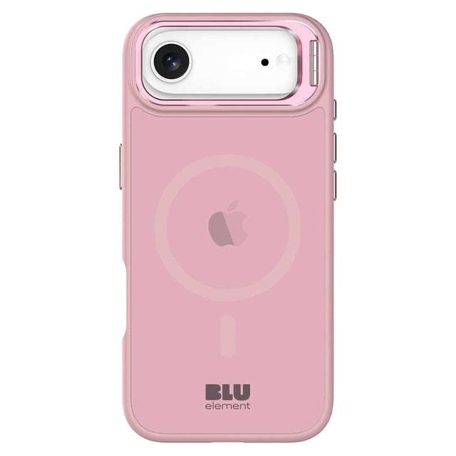 Blu Element Chromatic Kick MagSafe Case Pink for iPhone Air with a slim, semi-transparent pink design featuring shock-absorbing edges, MagSafe compatibility, extra camera protection, and a fold-out kickstand for landscape viewing, providing impact resistance and precise access to all ports, suitable for enhancing phone protection and usability.