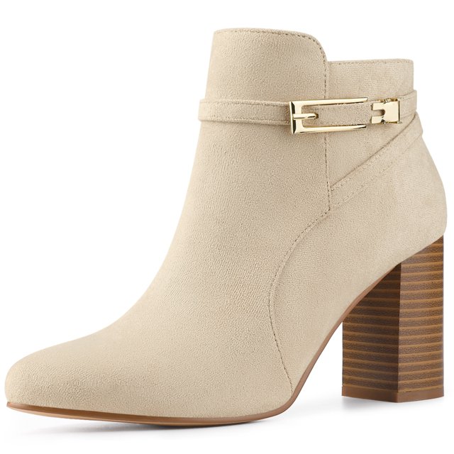 BLISSFUL STEP Bottines Cheville Unies Bout Rond Fermeture Éclair Latérale Talons à Boucle Beige 10
