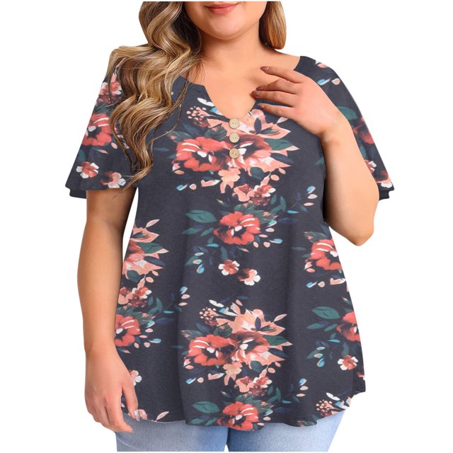 Hauts Grande Taille pour Femmes Mode Décontractée Imprimée Manches Courtes Ample Grande Taille Volant Manches Courtes Blouse Col en V Shorts Grande Taille Shorts Grande Taille pour Femmes