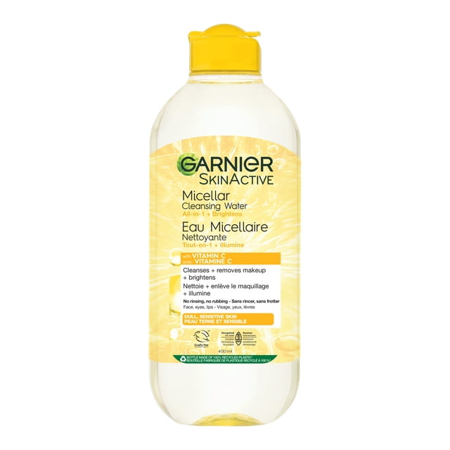 Garnier Micellar Water with Vitamin C, Facial Cleanser & Makeup Remover, Brightening & Hydrating, 700ml clear plastic bottle with yellow flip-top cap, formulated for dull sensitive skin, vegan and gentle formula that cleanses, removes makeup, and brightens skin without rinsing or rubbing