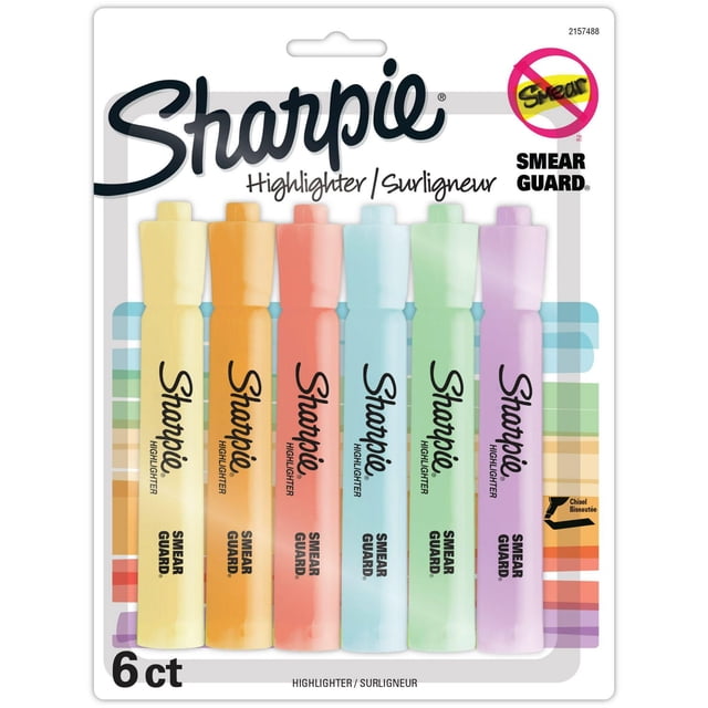Sharpie Tank Highlighters, Mild Pastel Colours, Assorted, Chisel Tip, 6 Count, displaying six pastel highlighters in yellow, orange, pink, blue, green, and purple with wide barrels and Smear Guard ink on white retail packaging.
